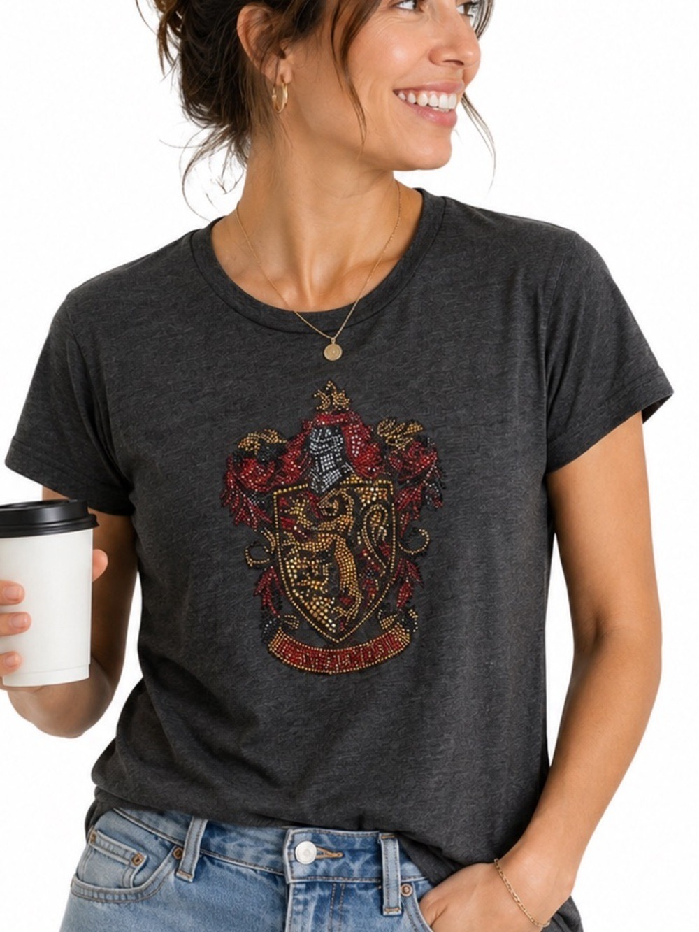 Harry Potter  Gryffindor Embellished Short Sleeved Glam Casual T-Shirt S…